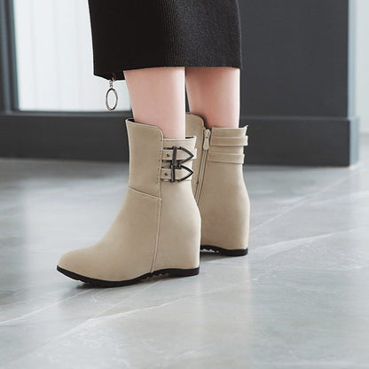 Flock Round Toe Buckle Straps Wedge Heel Short Boots for Women