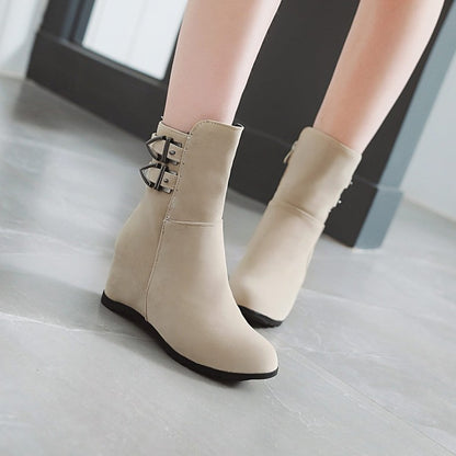 Flock Round Toe Buckle Straps Wedge Heel Short Boots for Women