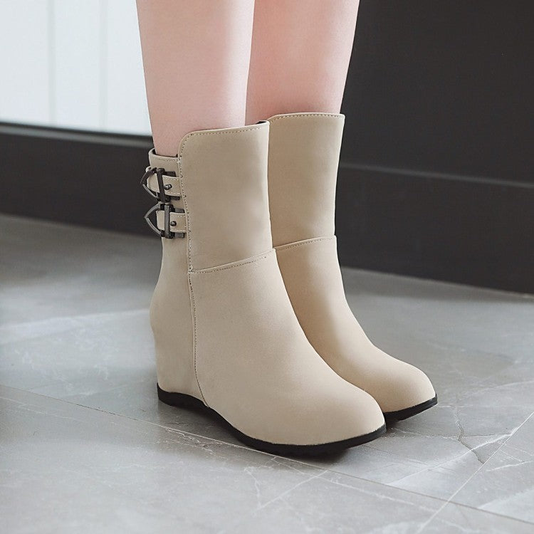 Flock Round Toe Buckle Straps Wedge Heel Short Boots for Women