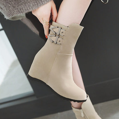 Flock Round Toe Buckle Straps Wedge Heel Short Boots for Women