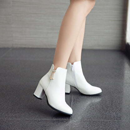 Pu Leather Pointed Toe Side Zippers Rhinestone Block Chunky Heel Short Boots for Women