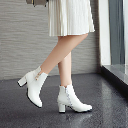 Pu Leather Pointed Toe Side Zippers Rhinestone Block Chunky Heel Short Boots for Women