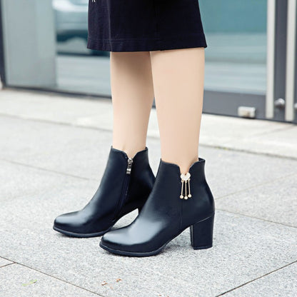 Pu Leather Pointed Toe Side Zippers Rhinestone Block Chunky Heel Short Boots for Women