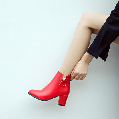 Pu Leather Pointed Toe Side Zippers Rhinestone Block Chunky Heel Short Boots for Women