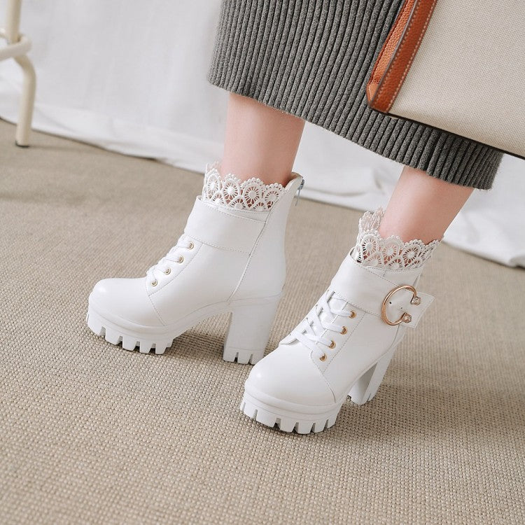 Ladies Lace Up Buckles Lace Chunky Heel Platform Ankle Boots