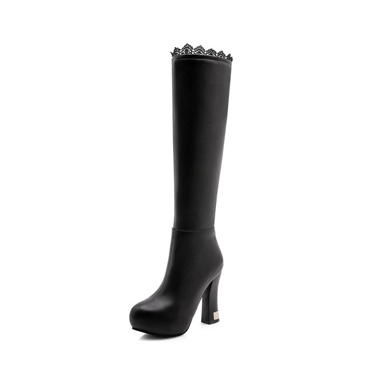 Lace Side Zippers Block Chunky Heel Platform Knee High Boots for Women