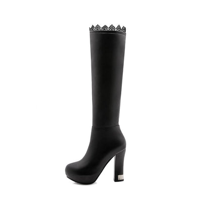 Lace Side Zippers Block Chunky Heel Platform Knee High Boots for Women