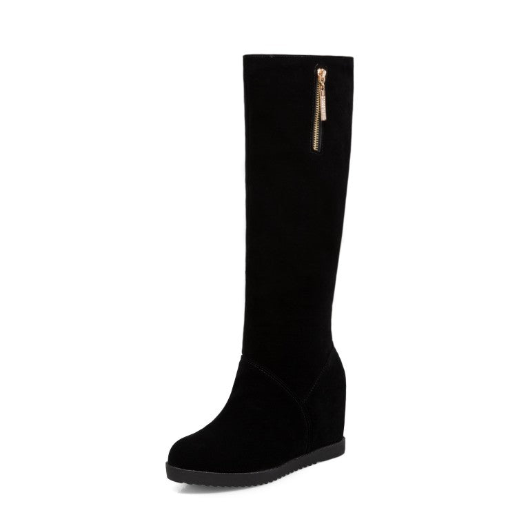 Flock Round Toe Zippers Wedge Heel Knee High Boots for Women