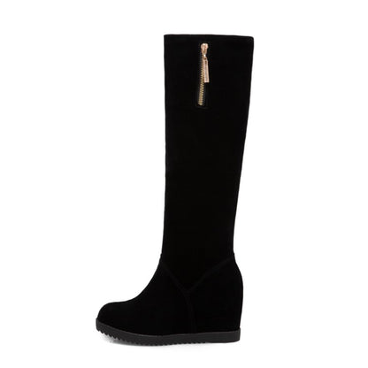 Flock Round Toe Zippers Wedge Heel Knee High Boots for Women