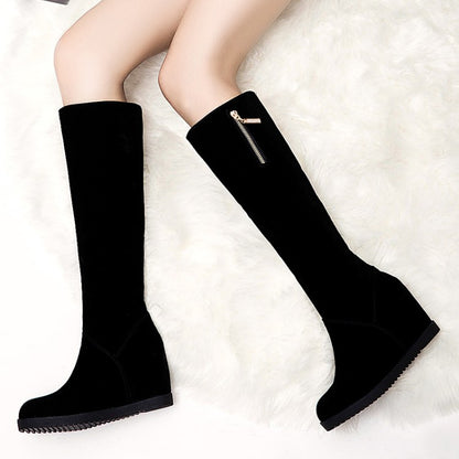 Flock Round Toe Zippers Wedge Heel Knee High Boots for Women