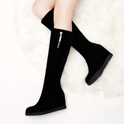 Flock Round Toe Zippers Wedge Heel Knee High Boots for Women