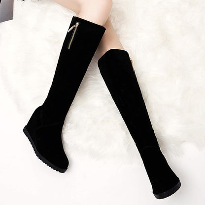 Flock Round Toe Zippers Wedge Heel Knee High Boots for Women