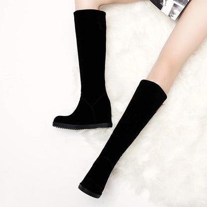 Flock Round Toe Zippers Wedge Heel Knee High Boots for Women