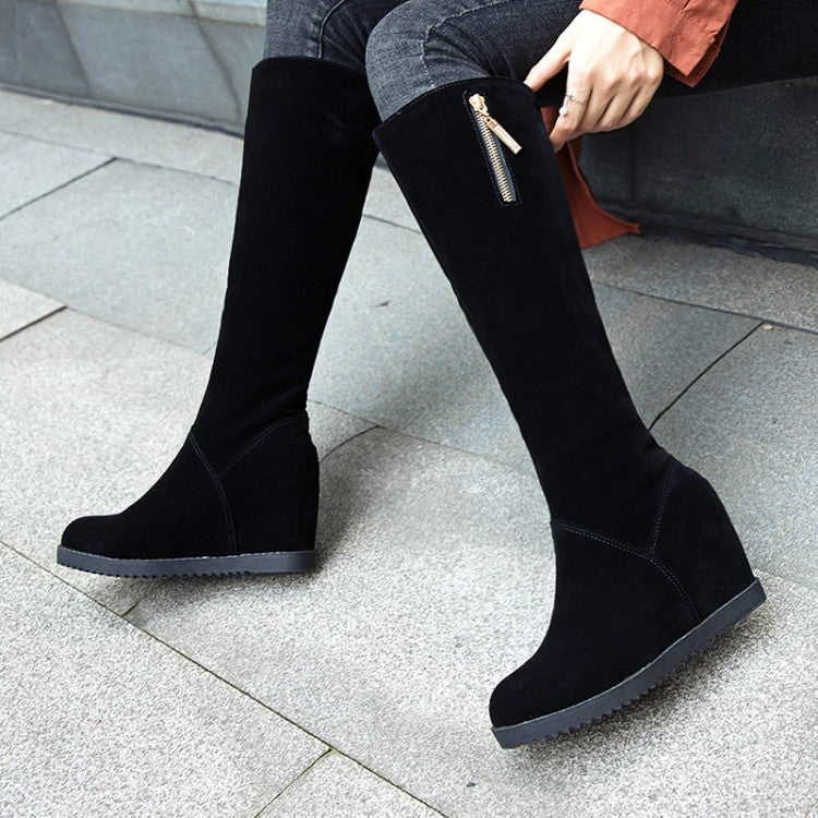 Flock Round Toe Zippers Wedge Heel Knee High Boots for Women