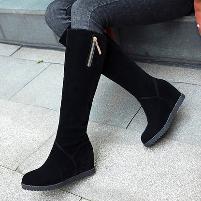 Flock Round Toe Zippers Wedge Heel Knee High Boots for Women