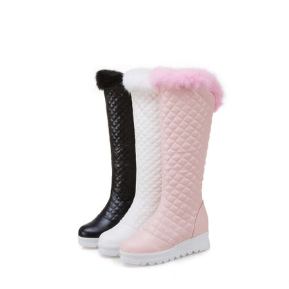 Pu Leather Round Toe Furry Inside Heighten Platform Wedge Heel Mid Calf Boots for Women