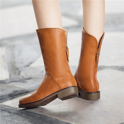 Round Toe Back Zippers Block Heel Mid Calf Boots for Women