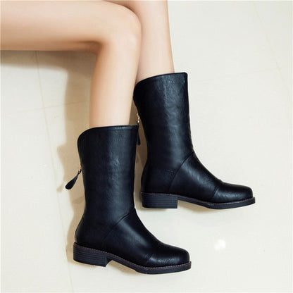 Round Toe Back Zippers Block Heel Mid Calf Boots for Women