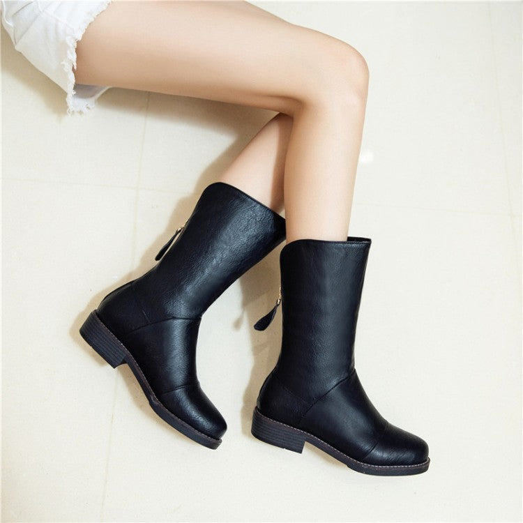 Round Toe Back Zippers Block Heel Mid Calf Boots for Women