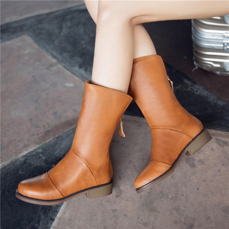 Round Toe Back Zippers Block Heel Mid Calf Boots for Women