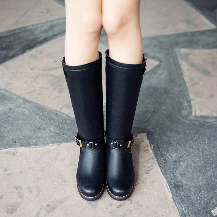 Buckle Straps Block Heel Knee High Knight Boots for Women