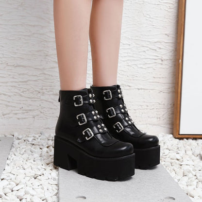 Glossy Round Toe Metal Rivets Buckle Straps Wedge Heel Platform Ankle Boots for Women