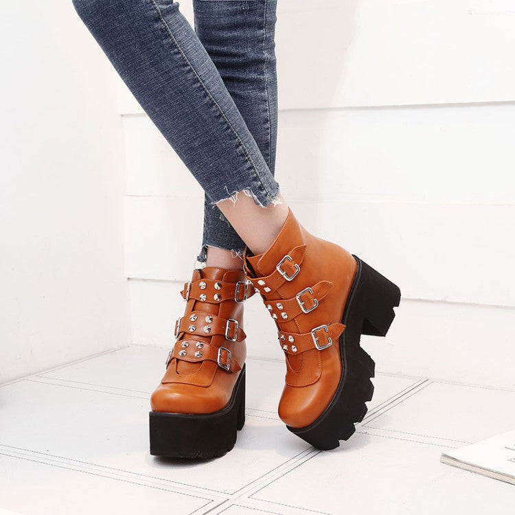 Glossy Round Toe Metal Rivets Buckle Straps Wedge Heel Platform Ankle Boots for Women