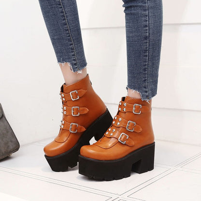 Glossy Round Toe Metal Rivets Buckle Straps Wedge Heel Platform Ankle Boots for Women