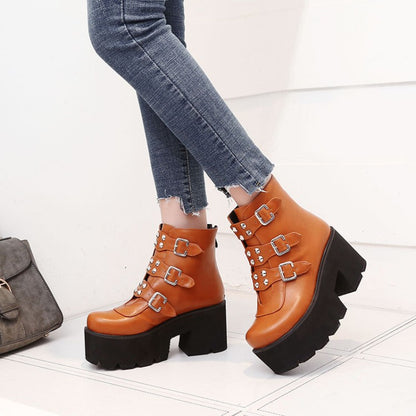 Glossy Round Toe Metal Rivets Buckle Straps Wedge Heel Platform Ankle Boots for Women