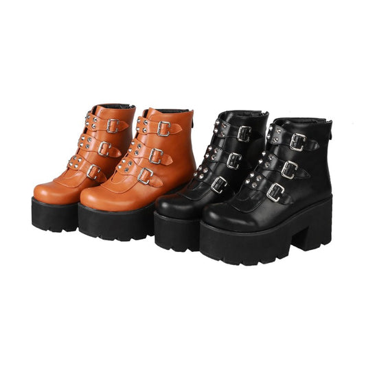 Glossy Round Toe Metal Rivets Buckle Straps Wedge Heel Platform Ankle Boots for Women