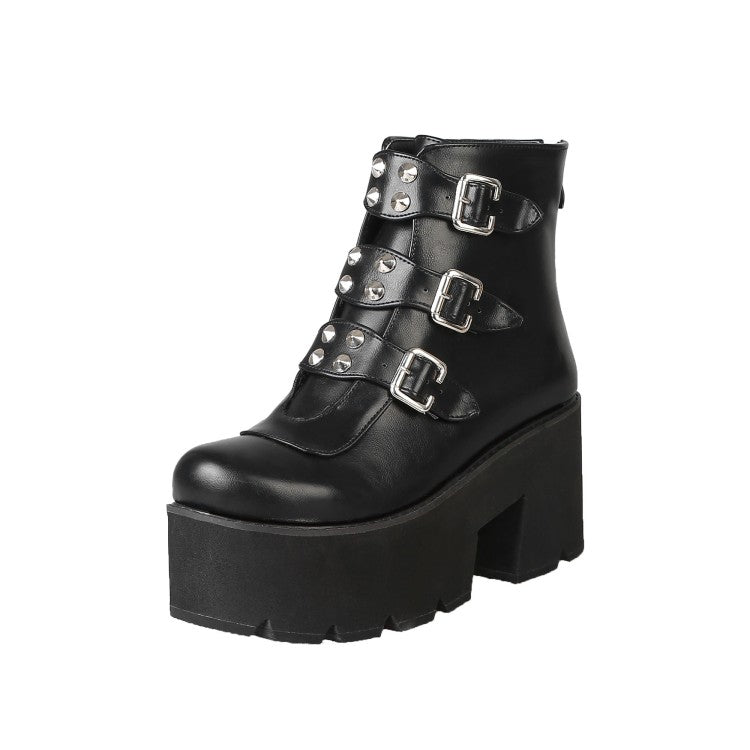 Glossy Round Toe Metal Rivets Buckle Straps Wedge Heel Platform Ankle Boots for Women