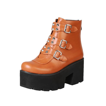 Glossy Round Toe Metal Rivets Buckle Straps Wedge Heel Platform Ankle Boots for Women