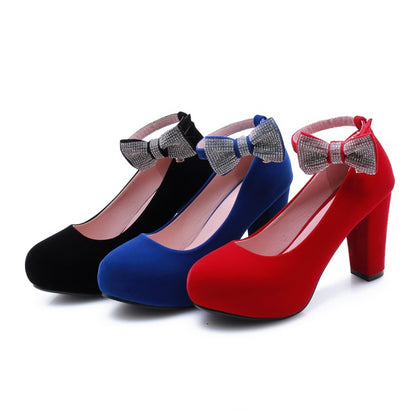 Ladies Suede Rhinestone Butterfly Knot Chunky Heels High Heel Platform Pumps