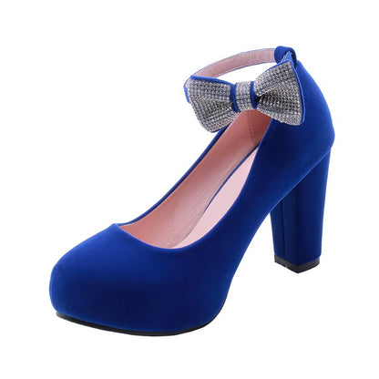 Ladies Suede Rhinestone Butterfly Knot Chunky Heels High Heel Platform Pumps