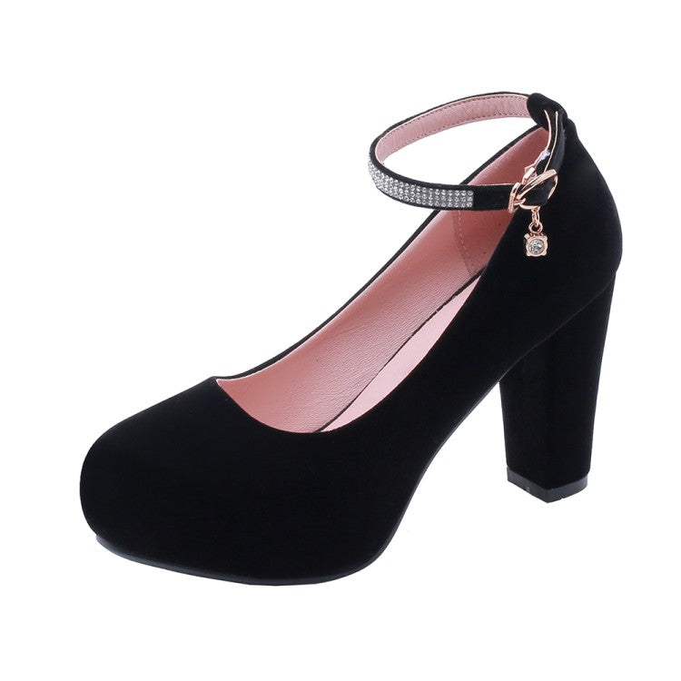 Ladies Suede Round Toe Rhinestone Chunky Hees High Heel Platform Pumps