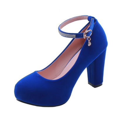 Ladies Suede Round Toe Rhinestone Chunky Hees High Heel Platform Pumps