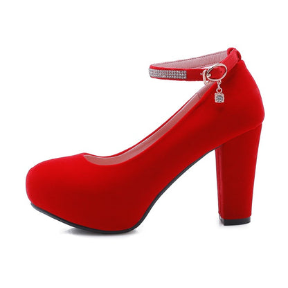 Ladies Suede Round Toe Rhinestone Chunky Hees High Heel Platform Pumps