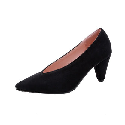 Ladies Pumps Flock Pointed Toe Shallow Cone Heel