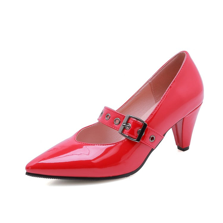 Ladies Pumps Glossy Pointed Toe Mary Janes Buckle Straps Cone Heel