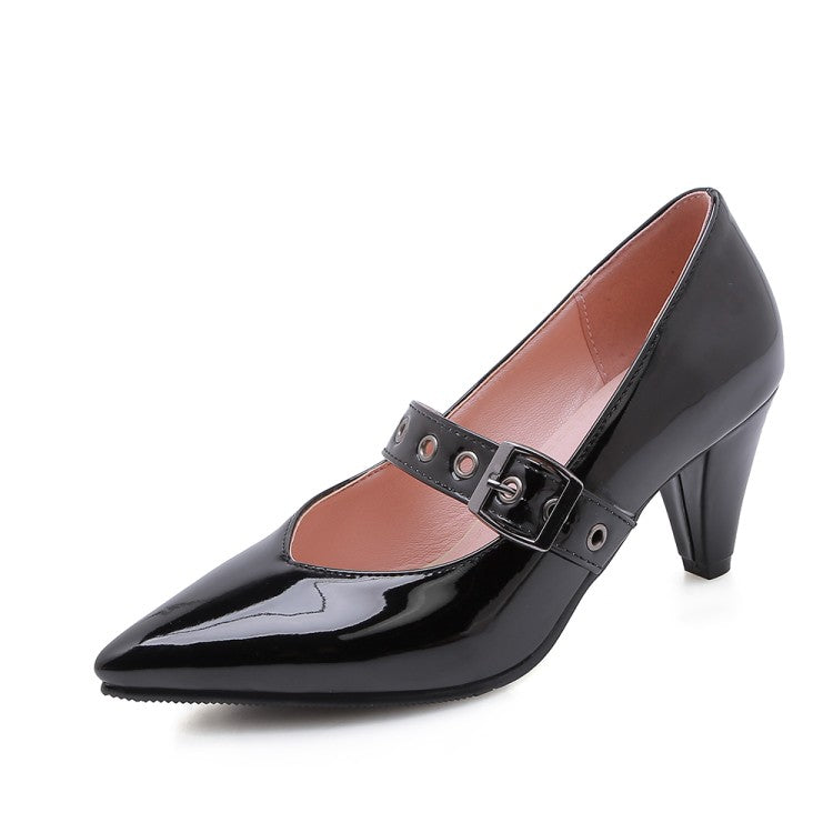 Ladies Pumps Glossy Pointed Toe Mary Janes Buckle Straps Cone Heel