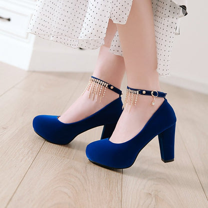 Ladies Suede Almond Toe Rhinestone Tassel Chunky High Heel Platform Pumps Wedding Shoes