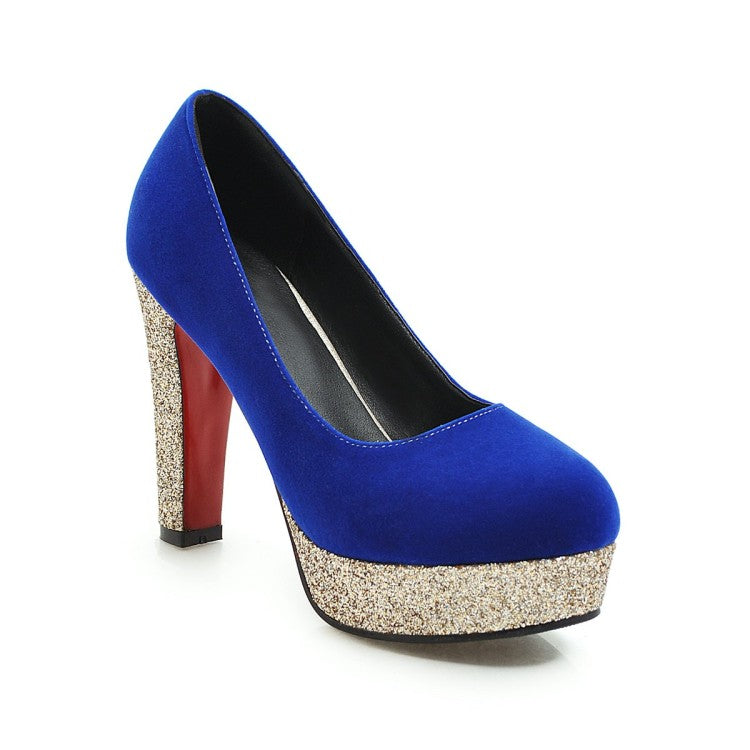 Ladies Suede Almond Toe Sequins Chunky High Heel Platform Pumps