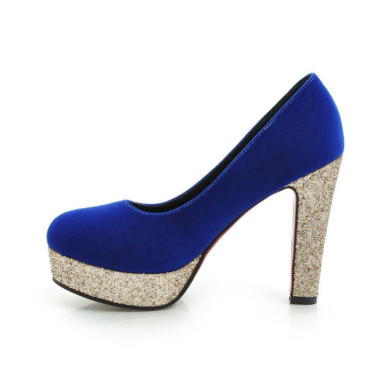 Ladies Suede Almond Toe Sequins Chunky High Heel Platform Pumps