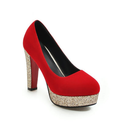 Ladies Suede Almond Toe Sequins Chunky High Heel Platform Pumps