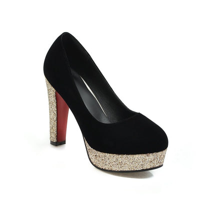 Ladies Suede Almond Toe Sequins Chunky High Heel Platform Pumps