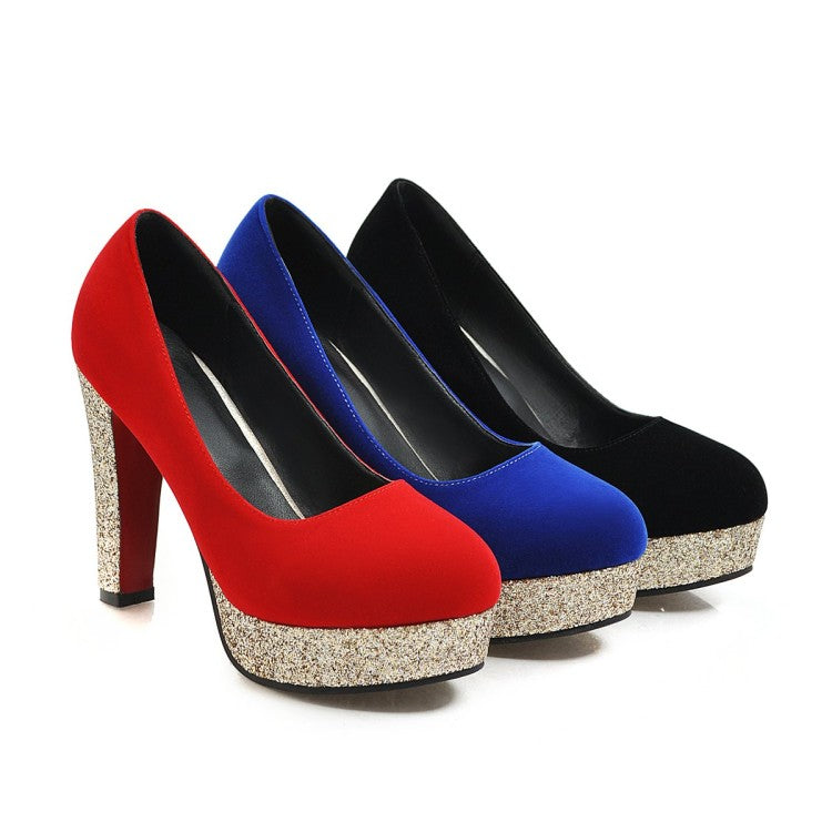 Ladies Suede Almond Toe Sequins Chunky High Heel Platform Pumps