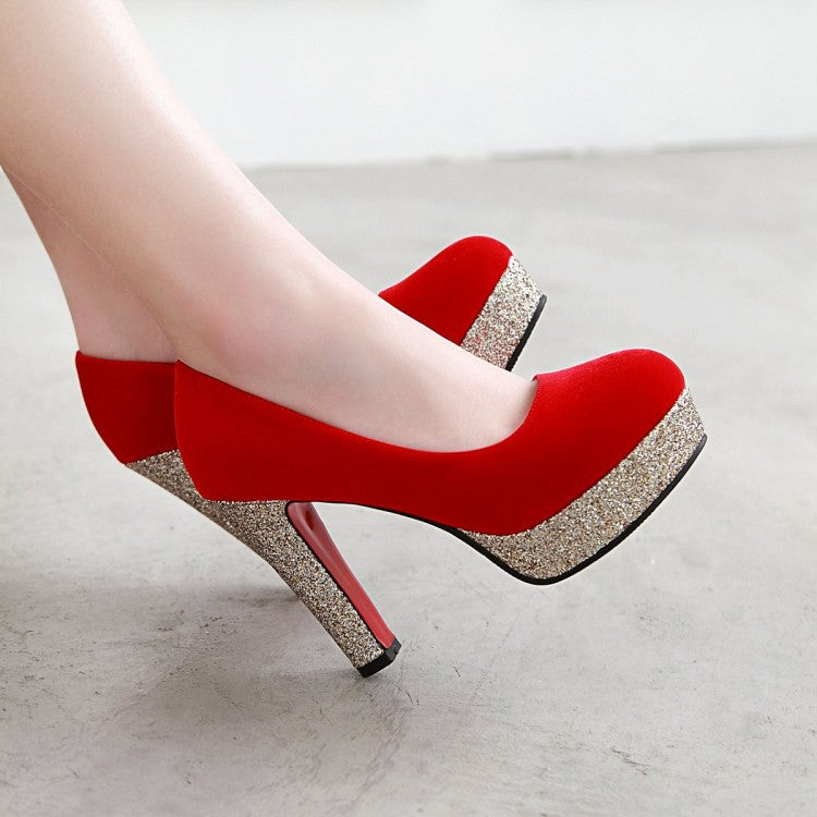 Ladies Suede Almond Toe Sequins Chunky High Heel Platform Pumps