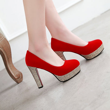 Ladies Suede Almond Toe Sequins Chunky High Heel Platform Pumps