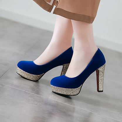 Ladies Suede Almond Toe Sequins Chunky High Heel Platform Pumps