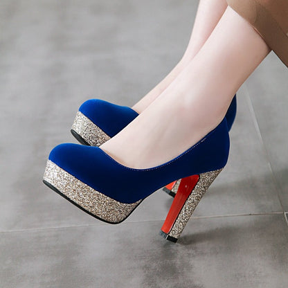 Ladies Suede Almond Toe Sequins Chunky High Heel Platform Pumps